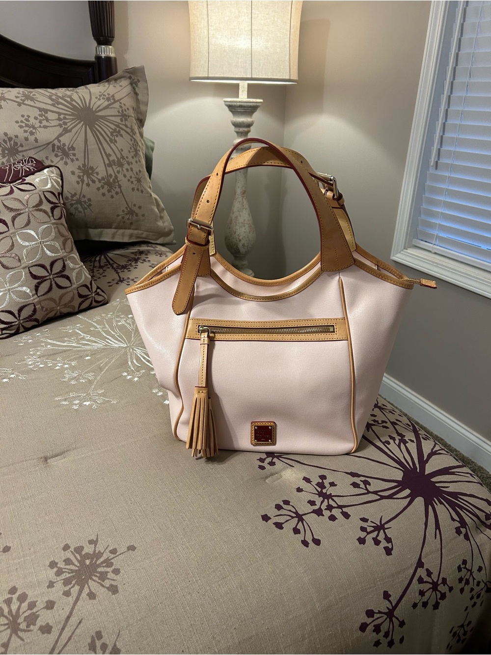 Dooney & Bourke Pale Pink Leather Tote with Tan Trim and Tassel